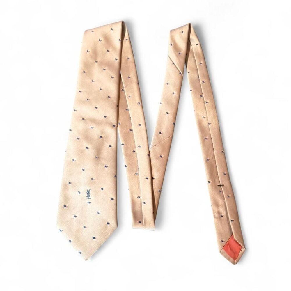 Yves Saint Laurent YSL Mens Silk Necktie Beige Tan Blue Ebroidered Designer Tie